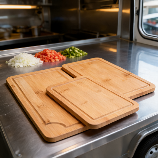 Tablas para picar de bambu en la barra de un food trailer
