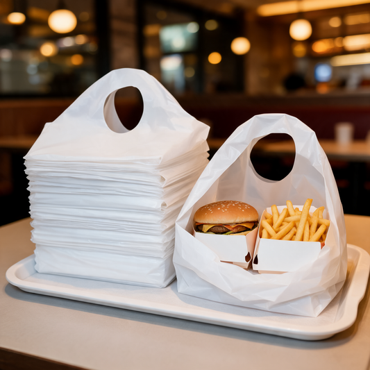 Bolsas de asa troquelada con pedidos en un food trailer