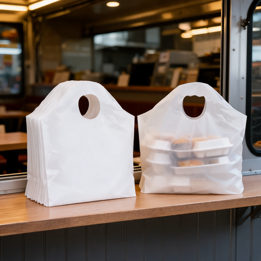 Bolsas de asa troquelada con pedidos para llevar en un food trailer