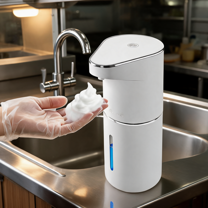 Dispensador automatico de jabon junto a la tarja de un food trailer