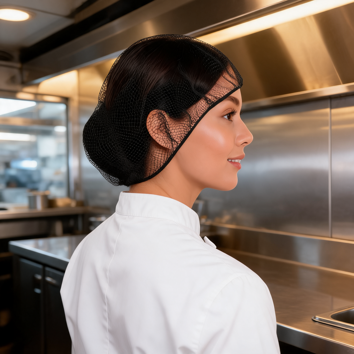 Redecilla negra puesta por un cocinero en un food trailer