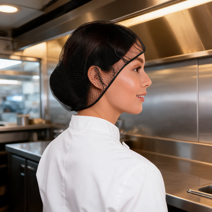 Redecilla negra puesta por un cocinero en un food trailer