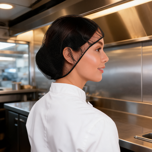 Redecilla negra puesta por un cocinero en un food trailer