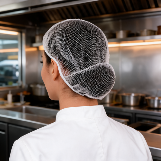 Redecilla blanca puesta por un cocinero en un food trailer
