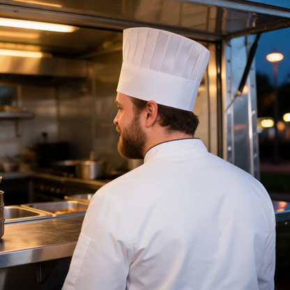Gorro de chef plisado puesto por un cocinero en un food trailer