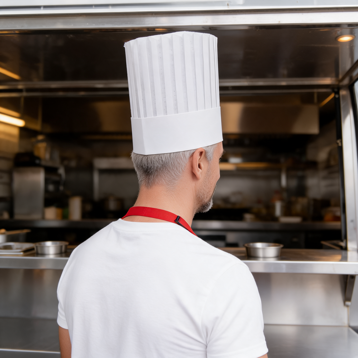Gorro de chef estilo europeo en un food trailer