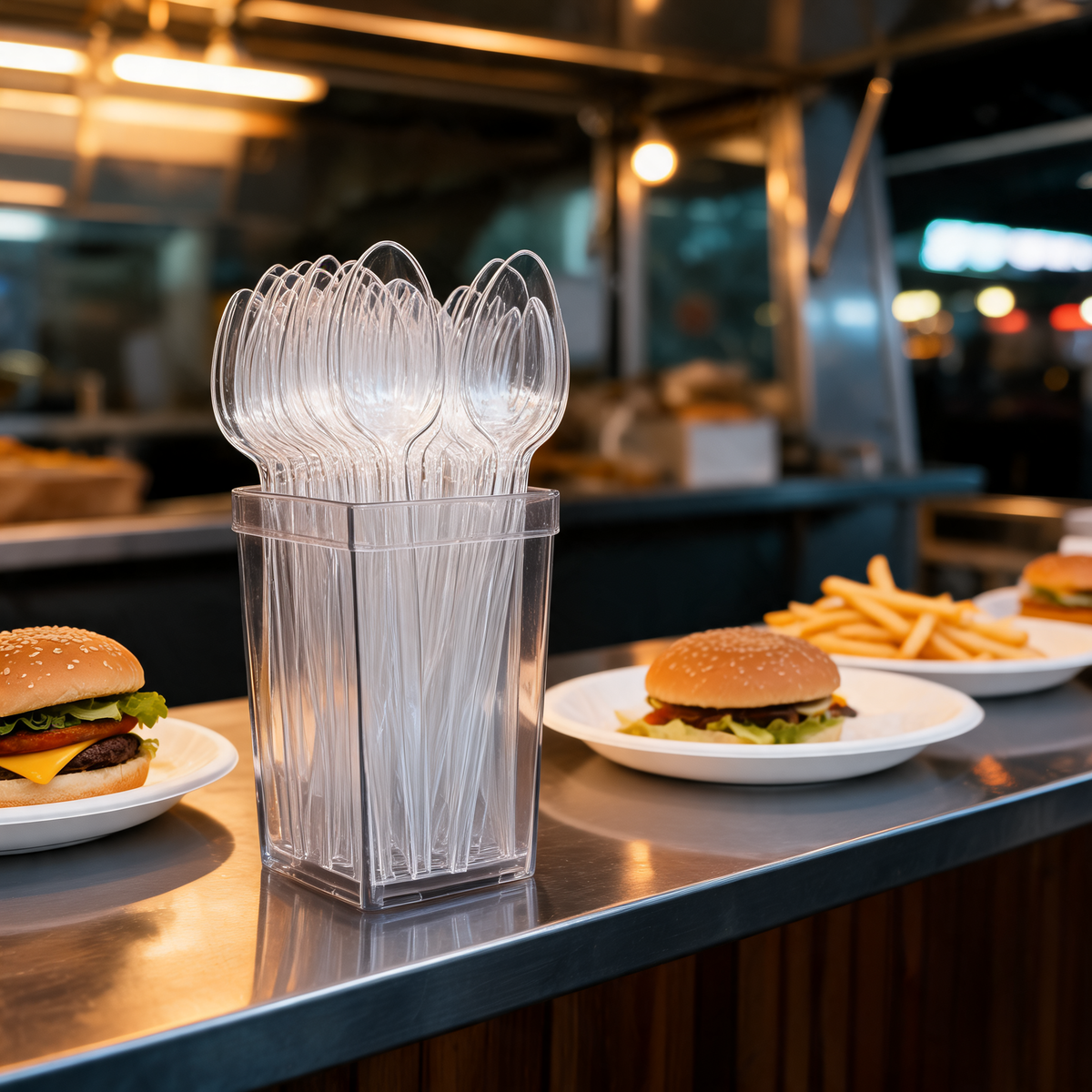 Cucharas desechables en la barra de entrega de un food trailer