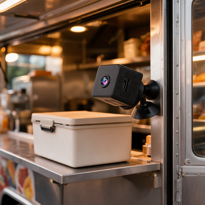 Mini camara de seguridad en la pared de un food trailer