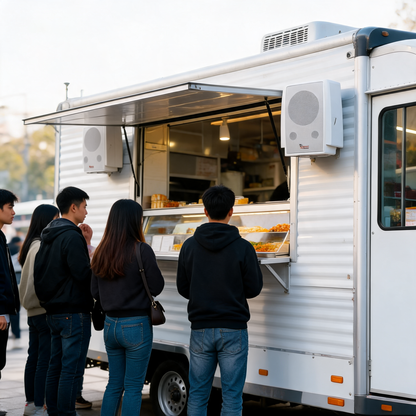 Bocinas de exterior montadas en un remolque de comida