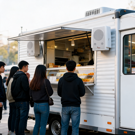 Bocinas de exterior montadas en un remolque de comida