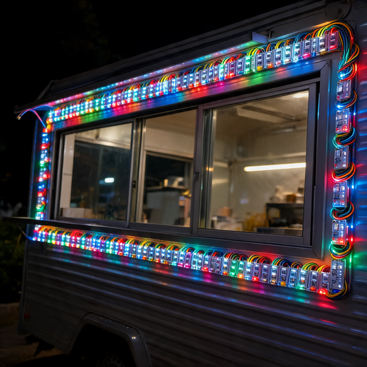Modulos LED iluminando la ventana de un remolque de comida