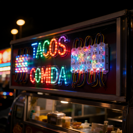 Modulos LED impermeables detras del letrero de un food trailer