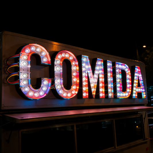 Modulos LED dentro de las letras del letrero de un food trailer