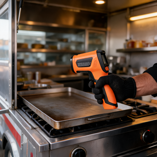 Termometro infrarrojo midiendo la plancha de un food trailer