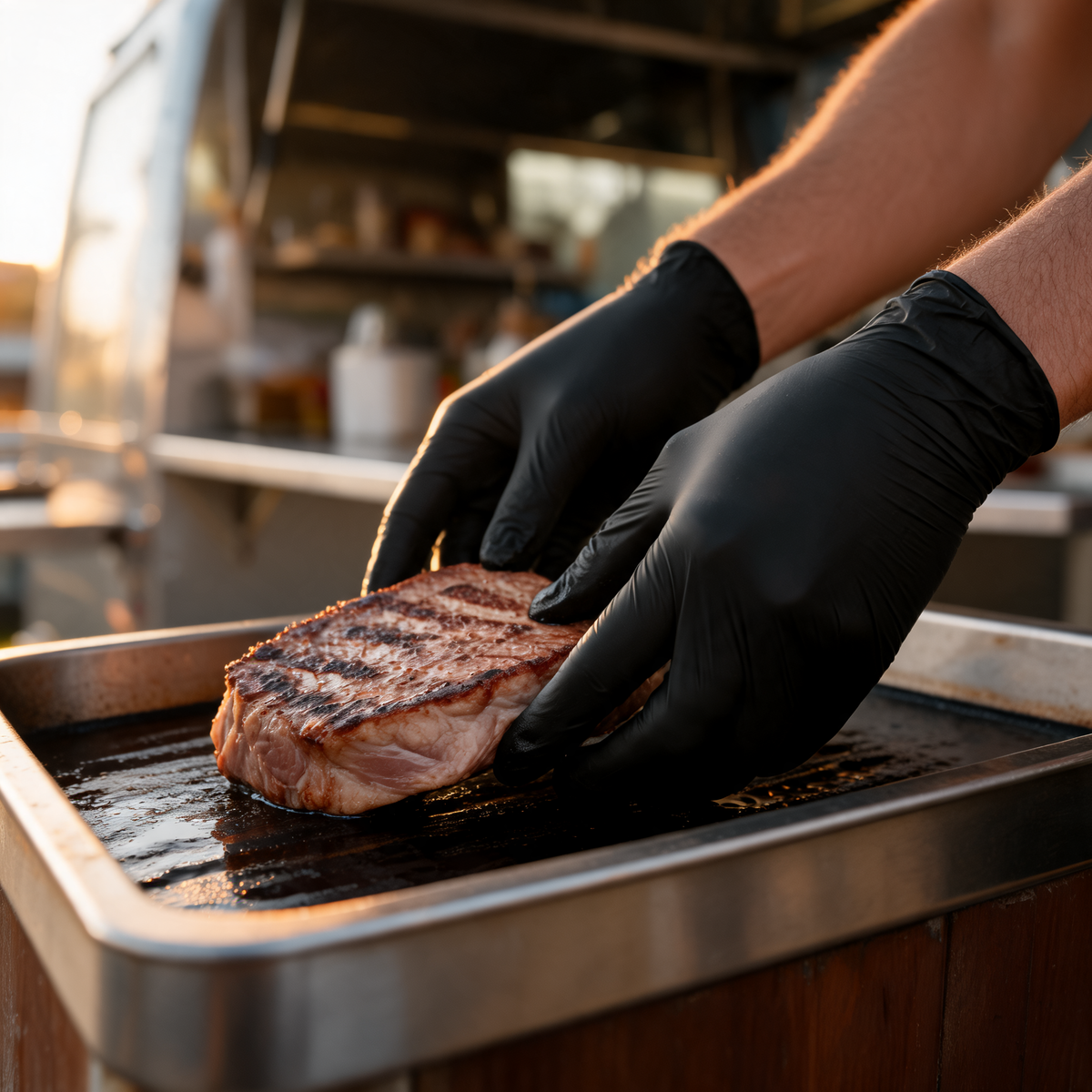 Guantes de nitrilo negros en uso en la plancha de un food trailer