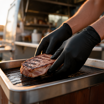 Guantes de nitrilo negros en uso en la plancha de un food trailer