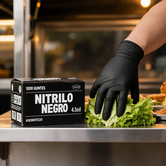 Caja de guantes de nitrilo negros en la barra de un food trailer
