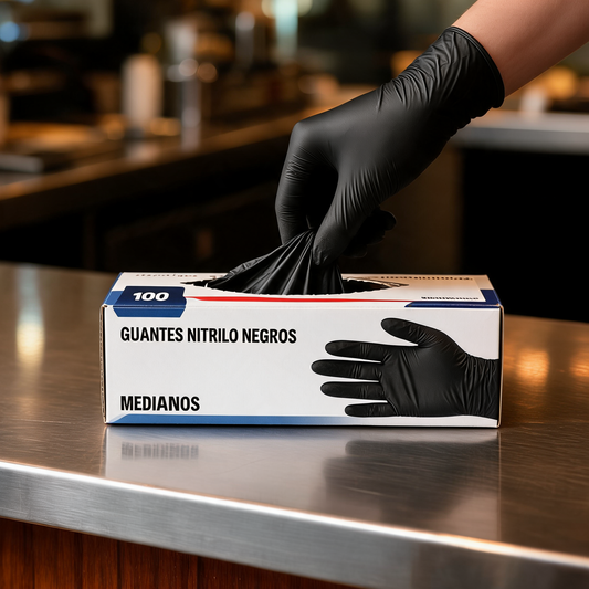 Caja de guantes de nitrilo negros medianos en un food trailer