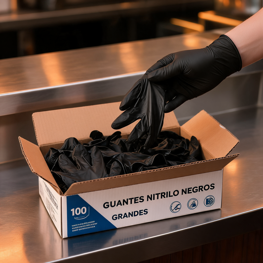 Caja de guantes de nitrilo negros grandes en un food trailer
