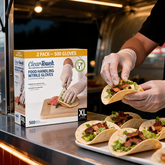 Guantes transparentes para alimentos en uso en un food trailer