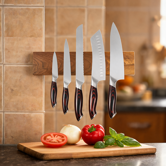 Juego de cuchillos con base magnetica en un food trailer