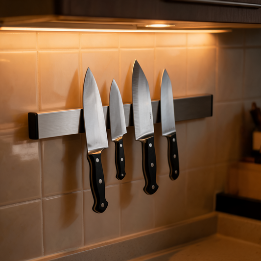 Barra magnetica con cuchillos en la pared de un food trailer
