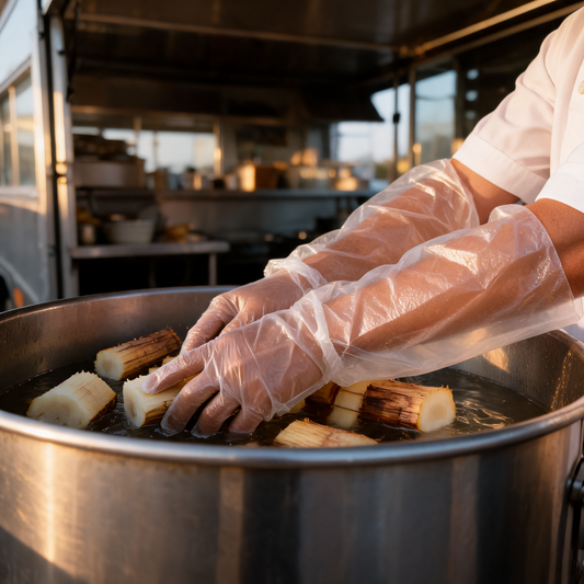 Guantes de manga larga en uso marinando carne en un food trailer