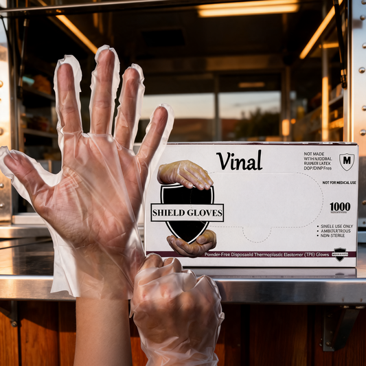 Caja de guantes de vinilo medianos en un food trailer