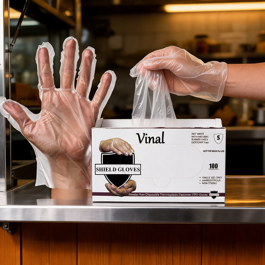Caja de guantes de vinilo chicos en un food trailer