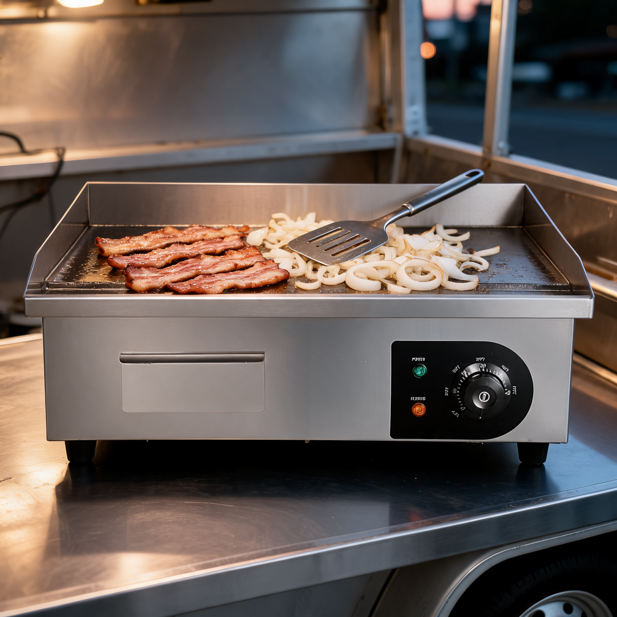 Plancha electrica comercial con carne asandose en un food trailer