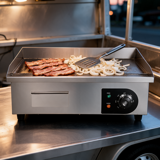 Plancha electrica comercial con carne asandose en un food trailer