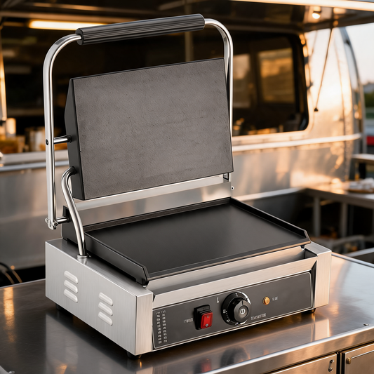 Plancha para panini prensando una torta en un food trailer