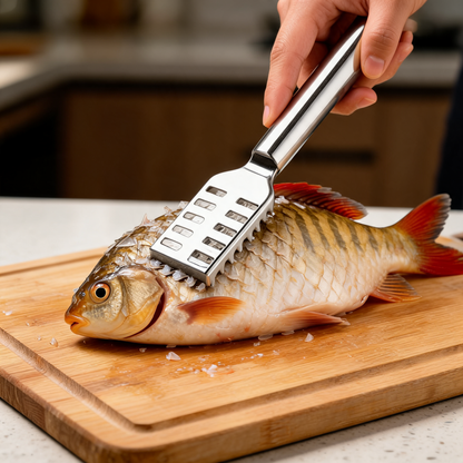 Escamador de pescado en uso en la barra de un food trailer