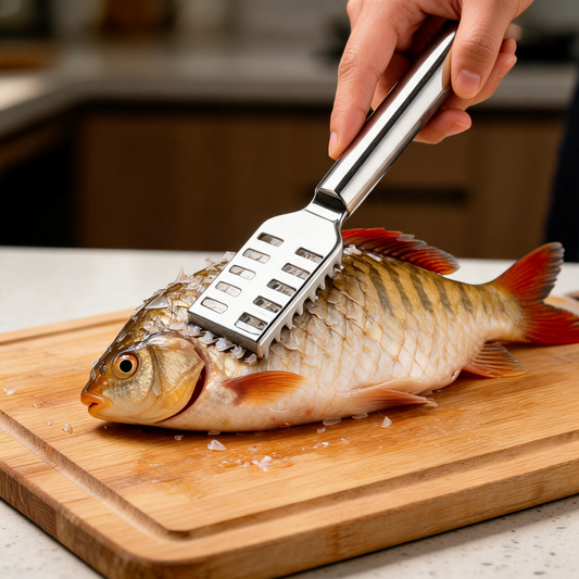 Escamador de pescado en uso en la barra de un food trailer