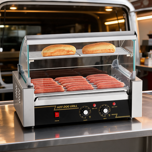 Rodillo de 7 rodillos para hot dogs en un food trailer