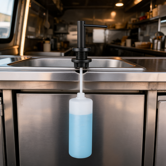 Dispensador de jabon empotrado en la tarja de un food trailer