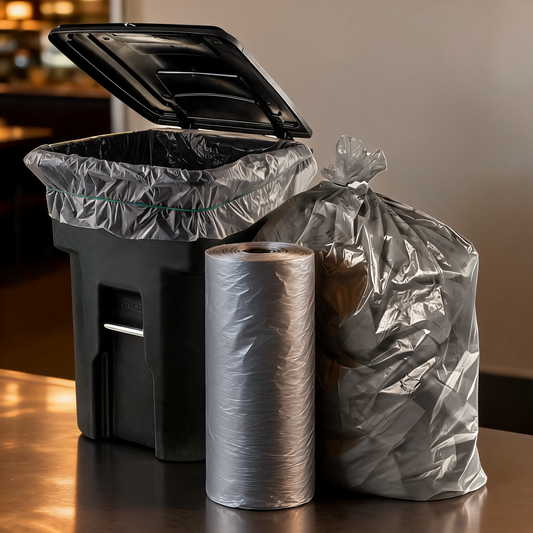 Bolsas para basura junto al bote de un food trailer