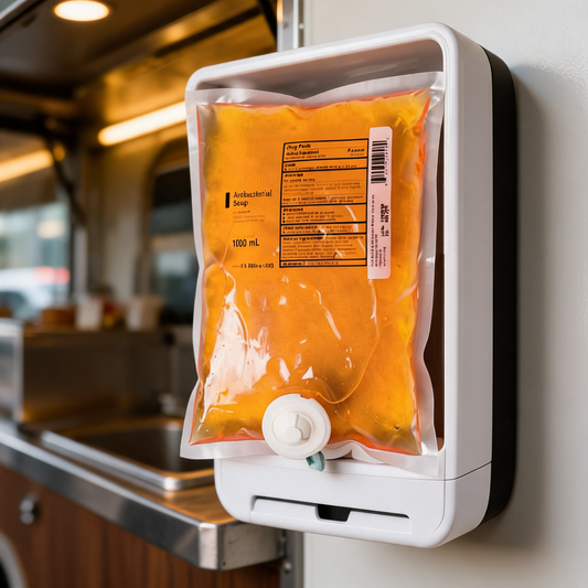 Recarga de jabon antibacterial junto a la tarja de un food trailer