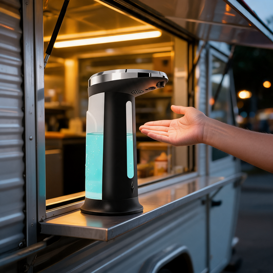 Dispensador automatico de gel junto a la ventana de un food trailer