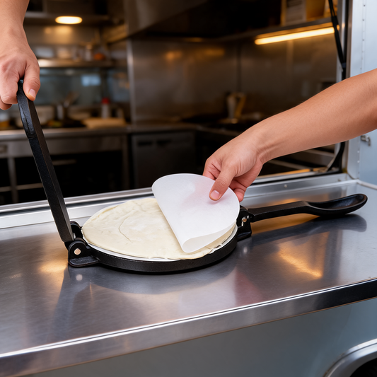 Tortilladora de hierro fundido en la barra de un food trailer