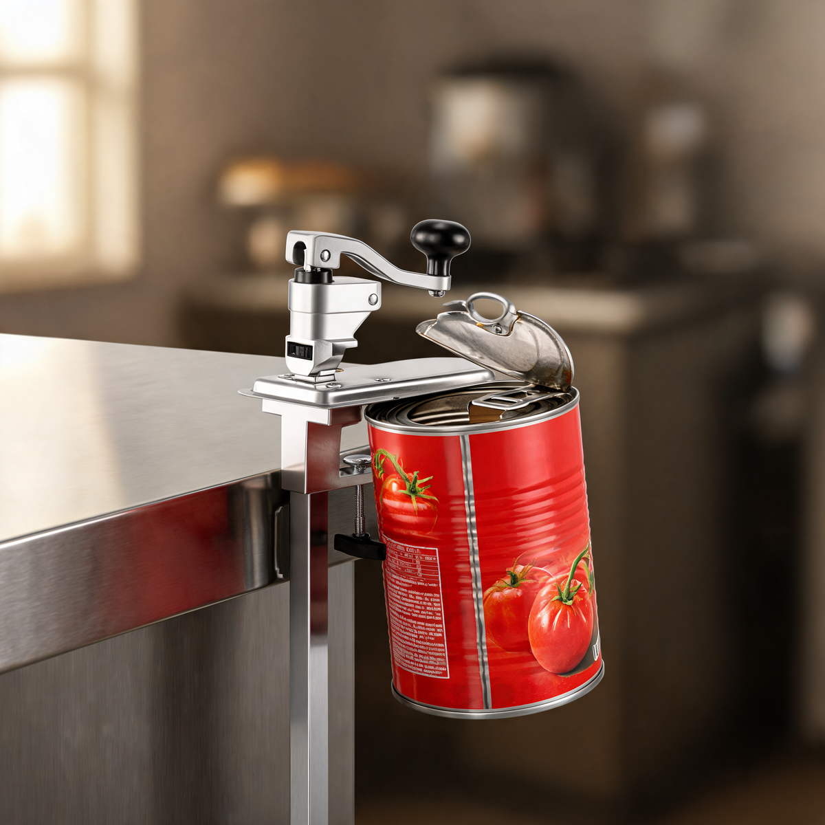 Abrelatas comercial manual de mesa en un remolque de comida