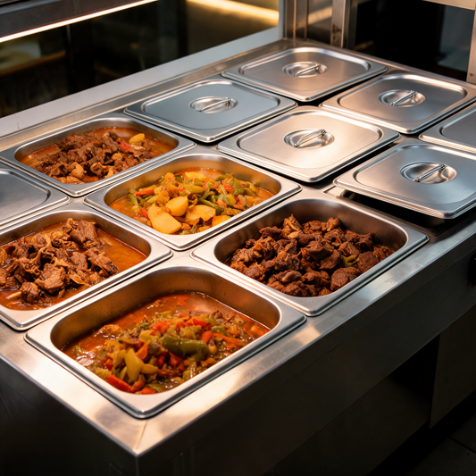 Charolas de acero inoxidable en la mesa caliente de un food trailer