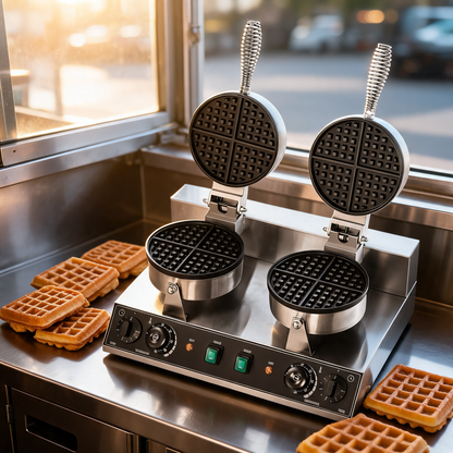 Wafflera comercial de doble cabeza en un food trailer