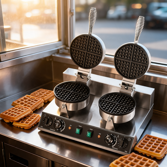 Wafflera comercial de doble cabeza en un food trailer
