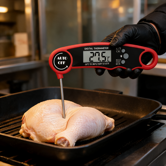Termometro de punzon midiendo pollo en la plancha de un food trailer