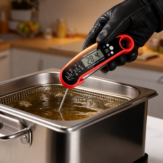 Termometro digital midiendo el aceite de una freidora en un food trailer