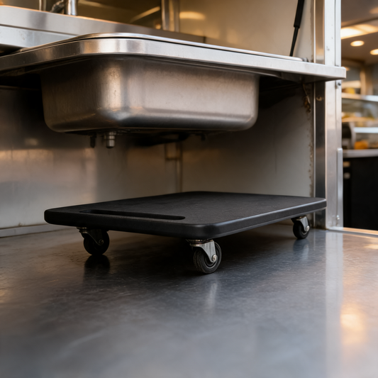 Base rodante grande bajo un refrigerador en un food trailer