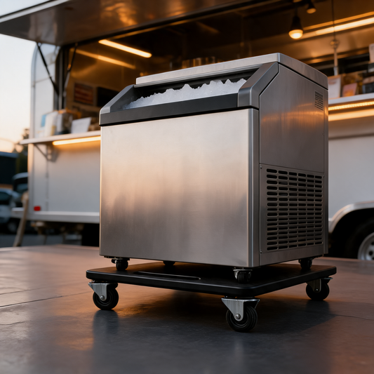 Base rodante chica bajo una maquina de hielo en un food trailer