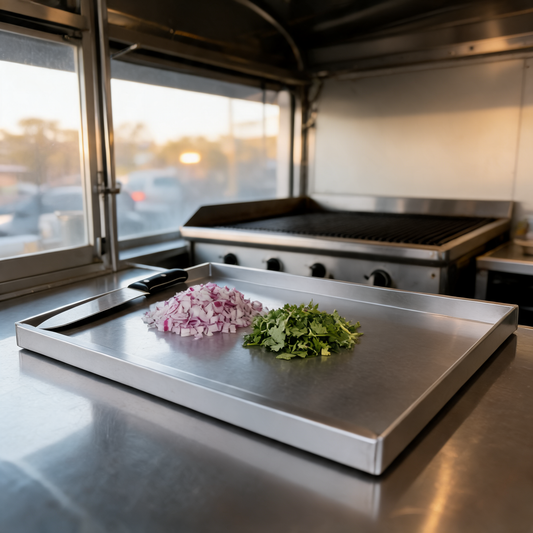 Tabla para picar de acero inoxidable en la barra de un food trailer