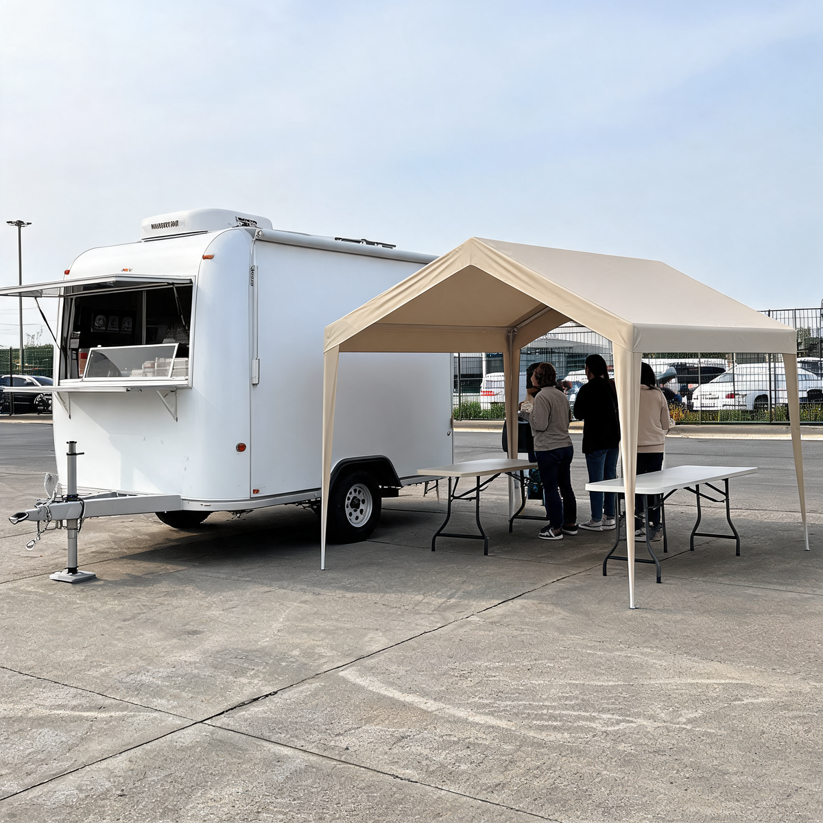 Carpa beige 10 x 20 pies junto a un remolque de comida